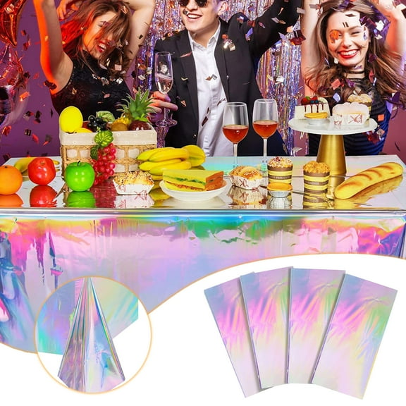 Holographic Foil Tablecloth, Rainbow Iridescent Plastic Table Cover with Sparkly Shimmer, Disposable Rectangle Tablecloth for Birthday Mermaid Baby Shower Bachelorette Party Decor