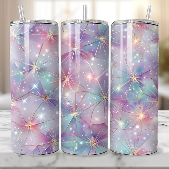 Holographic Geometric 20 oz Skinny Tumbler, Pastel Star Pattern, Iridescent Galaxy, Pattern