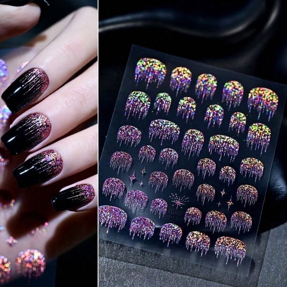 Holographic Glitter Dripping Nail Stickers, Iridescent Rainbow Purple Silver Pink Gradient Tassel Self-Adhesive Nail Decals, Sparkly Star Waterfall Fringe Manicure Sliders DIY Nail Art Supplies for W