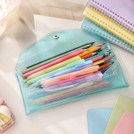 Holographic Glitter Pencil Pouch, Clear PVC Pen Case with Snap Button, Holds 20 Pencils, Ideal for Office Desk or Travel