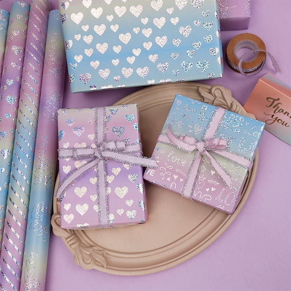 Holographic Glitter Wrapping Paper Roll 43cm x 3m - 4 Romantic Patterns Hearts Love Roses Stripes Shimmery Pastel Pink Blue Gift Wrap for Valentine’s Day Birthdays Wedding Party Decor