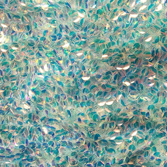 Holographic Glitz Mini Disc Sequins Fabric Aqua 56" Wide By The Yard