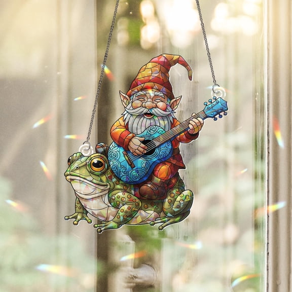 Holographic Gnome Riding Frog Window Hanging Magical Prism Art, Gnome Guitar Outdoor Decor, Fantasy Frog Sun Catcher