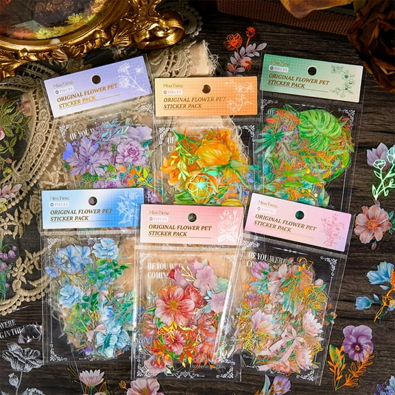 Holographic Gold Foil Nature Flowers Plants Stickers - 240Pcs Waterproof Clear Glitter Botanical Floral Scrapbook Stickers for Junk Journals,Planner,Resin Art Supplies