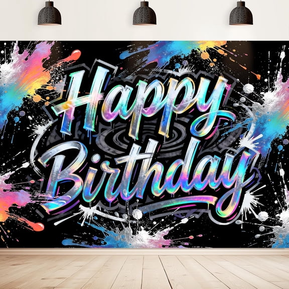 Holographic Graffiti Happy Birthday Backdrop Colorful Paint Splatter Party Photo Background for Birthday Celebration