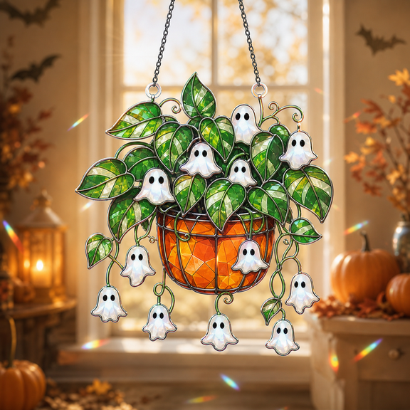 Holographic Halloween Ghost Pothos Acrylic Suncatcher, Window Hanging Decor