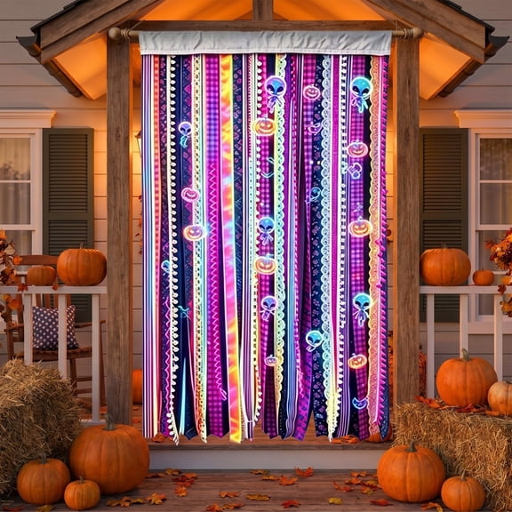 Holographic Halloween Ribbon Door Curtain Iridescent Pumpkin Ghost Lace Tassel Streamer Front Porch Party Hanging Decor