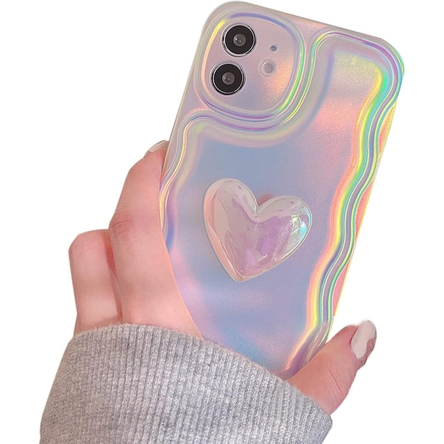 Holographic Heart Phone Case Compatible with iPhone 13 Pro Max, Cool Laser 3D Love Heart Phone Case, Curly Wave Shape Sparkly Phone Cover for Women Girls