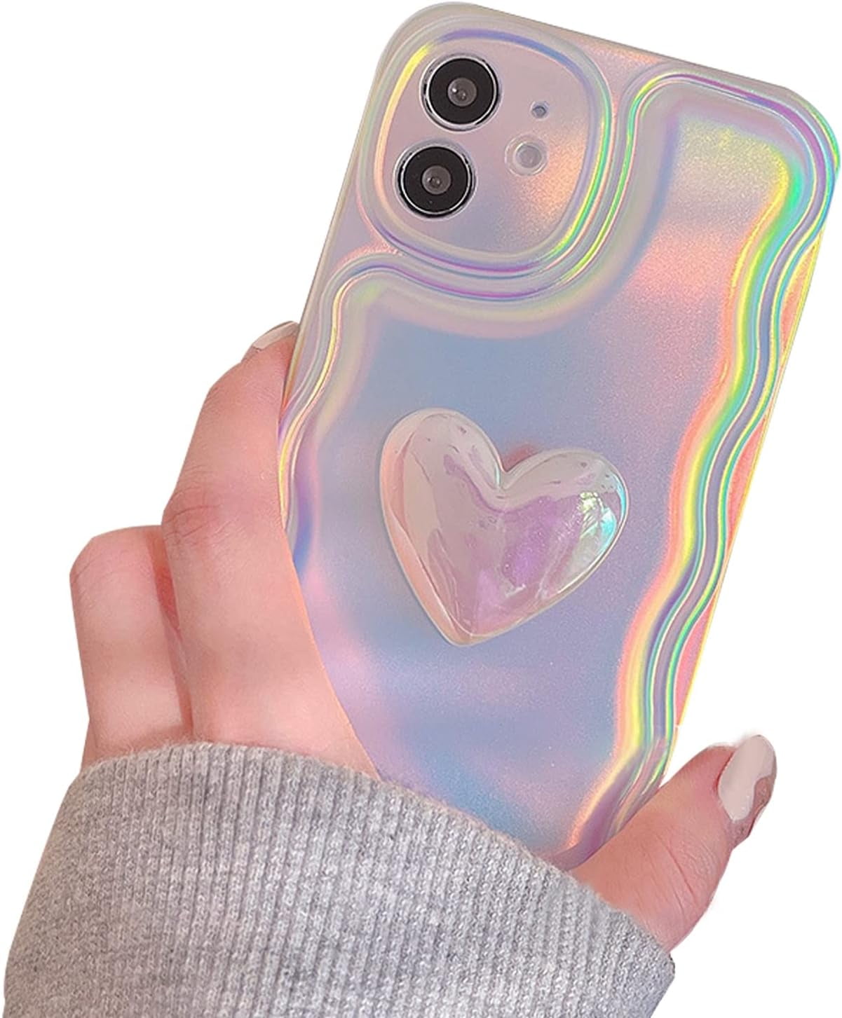 Holographic Heart Phone Case Compatible with iPhone 12 Pro, Cool Laser 3D Love Heart Phone Case, Curly Wave Shape Sparkly Phone Cover for Women Girls Holographic Heart Phone Case Compatible with iPhone 12 Pro, Cool Laser 3D Love Heart Phone Case, Curly Wave Shape Sparkly Phone Cover for Women Girls