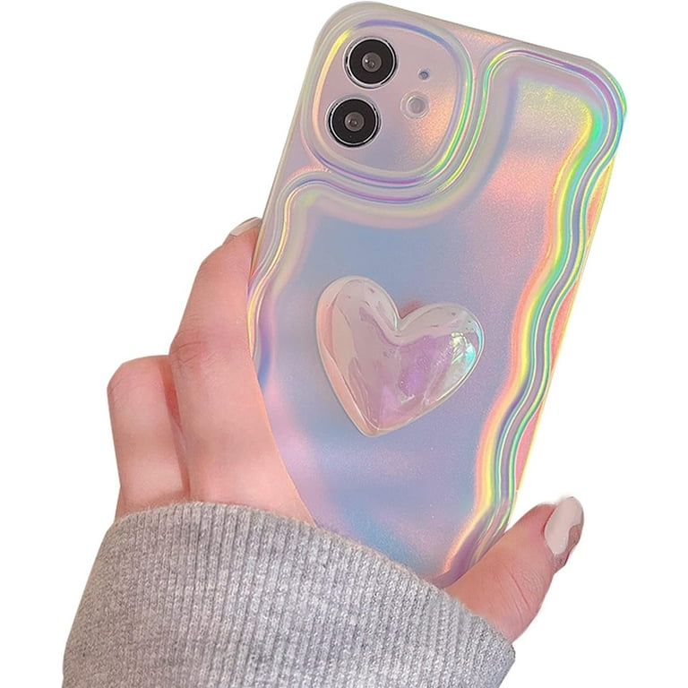 for Cute iPhone 12 Case iPhone 12 Pro Case Holographic Heart Glitter  Aesthetic Kawaii Clear Cover for Girls Women Girly Sparkly Rainbow Hearts