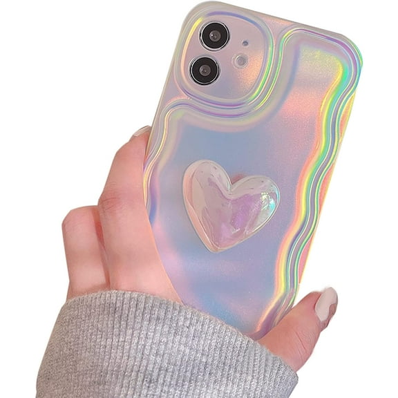 Holographic Heart Phone Case Compatible with iPhone 12 Pro, Cool Laser 3D Love Heart Phone Case, Curly Wave Shape Sparkly Phone Cover for Women Girls