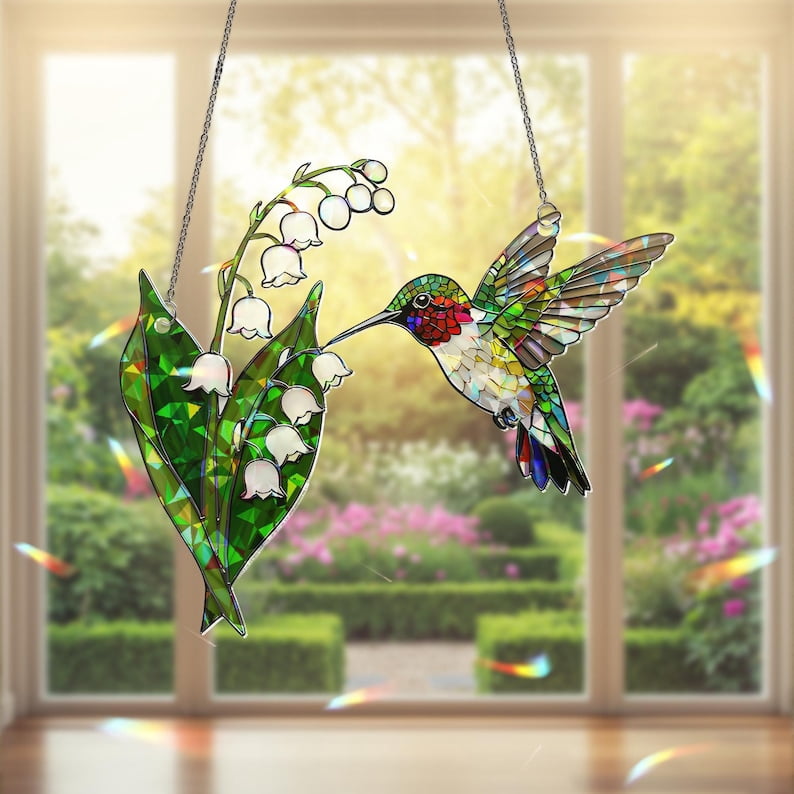 Holographic Hummingbird Suncatcher: Lily of the Valley Acrylic Window ...
