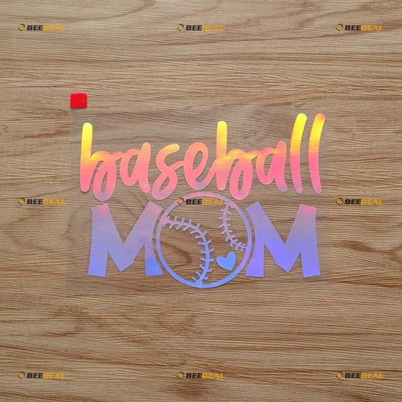 Holographic Iridescent 6 Inches - Baseball Mom Heart Inside Text Sticker Decal Vinyl - No Background Die Cut for Car Boat Laptop Cup