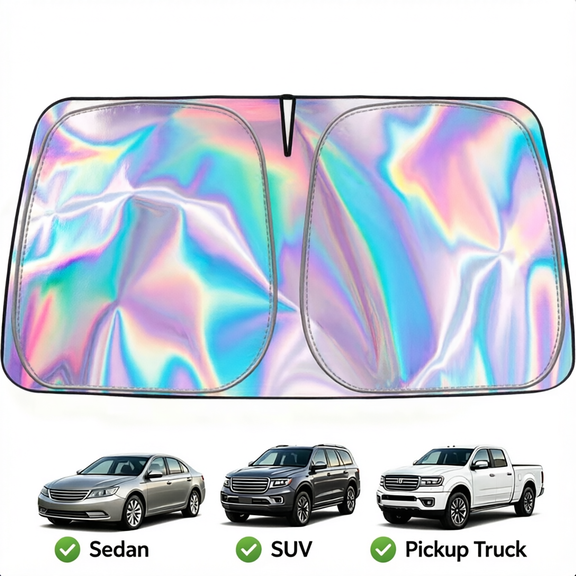 Holographic Iridescent Rainbow Reflective Car Windshield Sun Shade Foldable UV Heat Blocking Sun Visor Cover Universal 59 x 31 Inch for Sedan SUV Pickup Truck