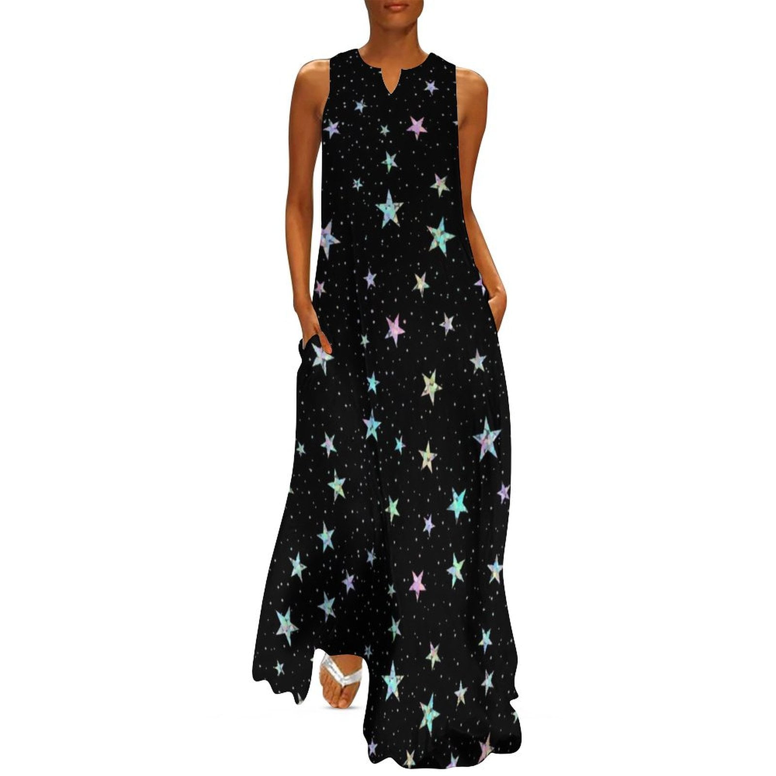 Holographic Iridescent Star Confetti Glitter Pattern (Black) Long Dress ...