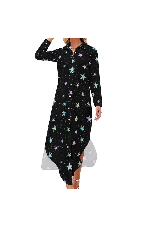Holographic Iridescent Star Confetti Glitter Pattern (Black) Long Sleeved Shirt Dress Woman clothing