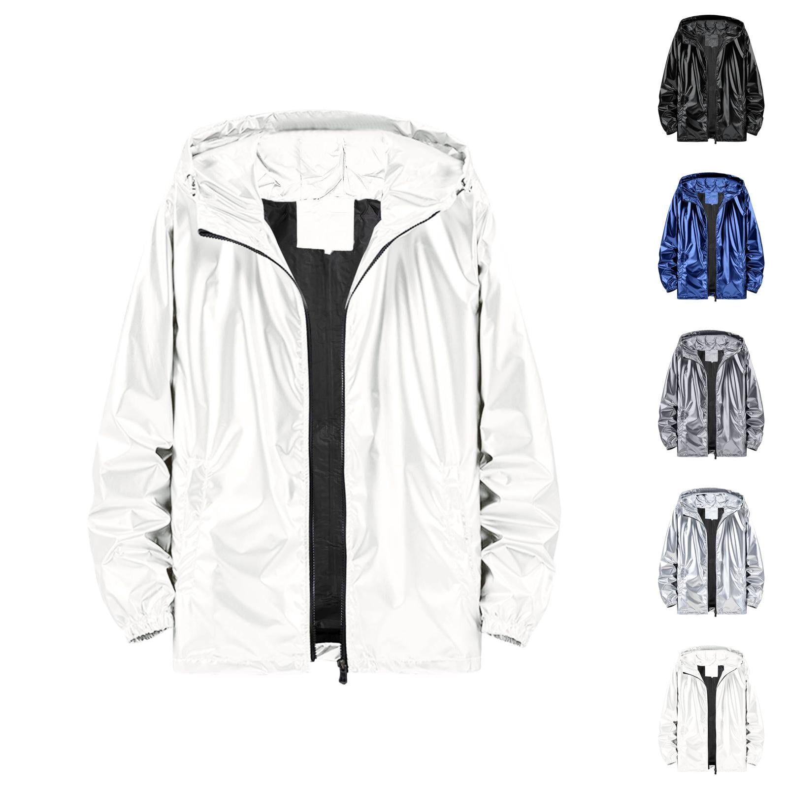 Holographic Jacket for Men Lightweight Long Sleeve Metallic Shiny Zip Up Hoodie Coat Outerwear with Pockets