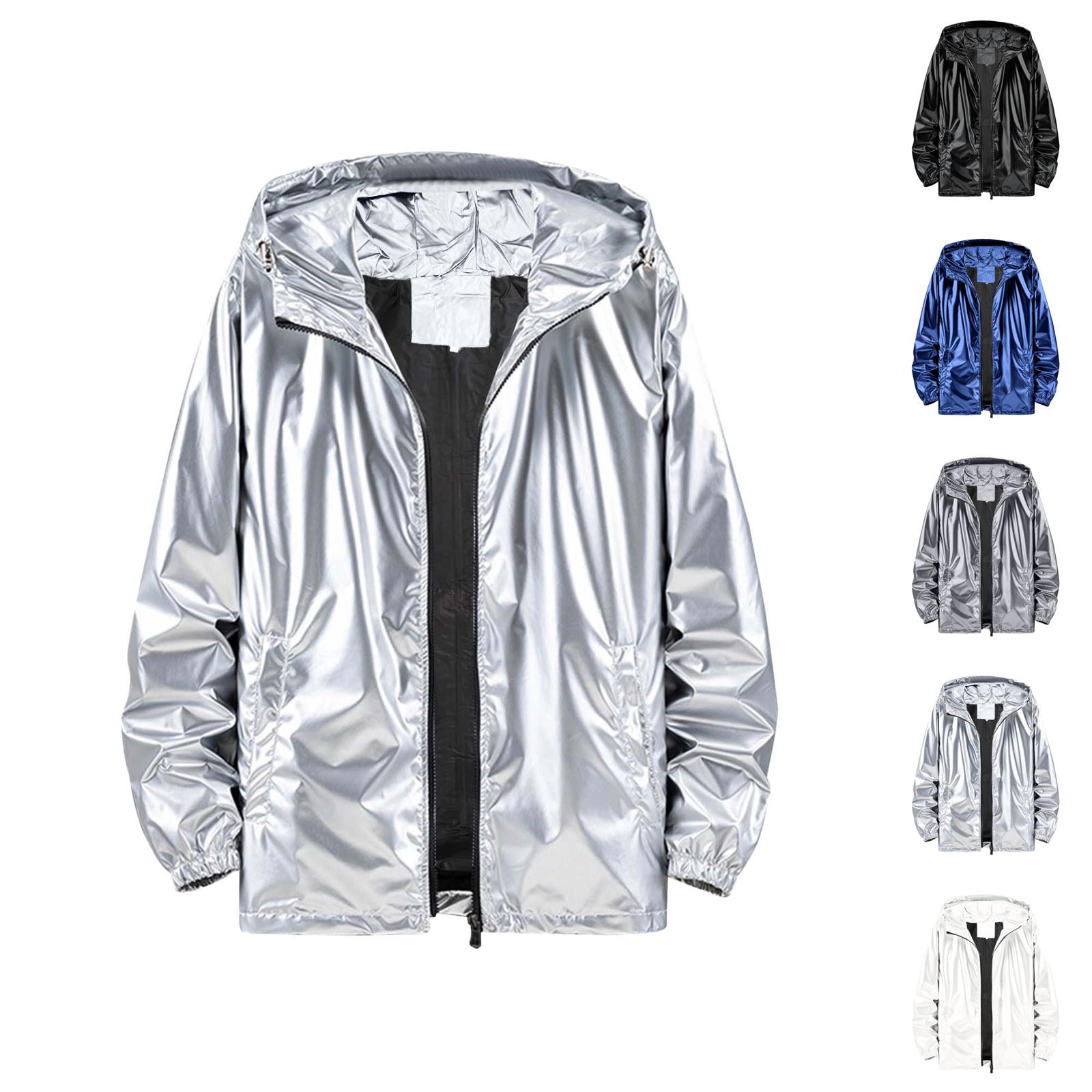 Holographic Jacket for Men Lightweight Long Sleeve Metallic Shiny Zip Up Hoodie Coat Outerwear with Pockets