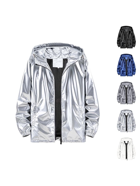 Holographic Jacket for Men Lightweight Long Sleeve Metallic Shiny Zip Up Hoodie Coat Outerwear with Pockets