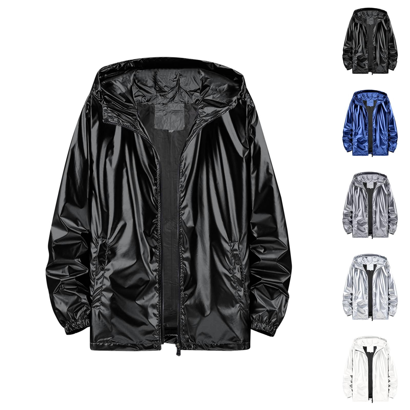 Holographic Jacket for Men Lightweight Long Sleeve Metallic Shiny Zip Up Hoodie Coat Outerwear with Pockets