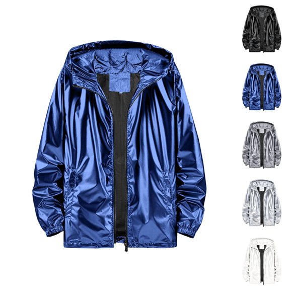 Holographic Jacket for Men Lightweight Long Sleeve Metallic Shiny Zip Up Hoodie Coat Outerwear with Pockets