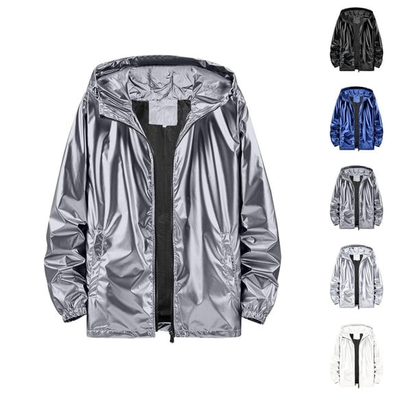Holographic Jacket for Men Lightweight Long Sleeve Metallic Shiny Zip Up Hoodie Coat Outerwear with Pockets
