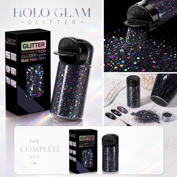 Holographic Laser Mixed Glitter Flakes with Gold Foil, Chunky & Fine Powder Sequins for Halloween Party Face Makeup, Nail Art Slime Tumbler DIY (Black)