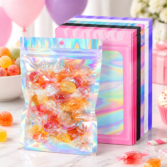 Holographic Mylar Bags 5x7 Multicolor Resealable Smell Proof Sealable Small Gift Bag Foil Pouches Packaging Baggies Bulk for Goodie Snack Candy Jewelry Party Favors Halloween Christmas
