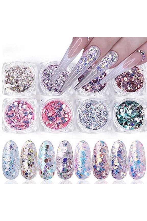 Holographic Nail Glitter Flakes Nails Supply Mermaid Powder Nail Art Decorations Shiny 3D Nail Sequins DIY Manicure Charms Design Acrylic Nails Supplies Glitter Nail Art Set (8 Boxes)