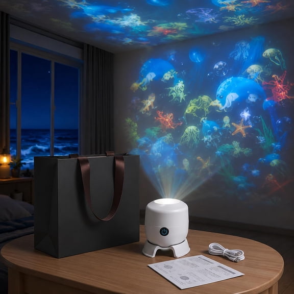 Holographic Night Light Projector, USB Rechargeable LED Light Projector, 3D Wave Light Effect & Adjustable Brightness