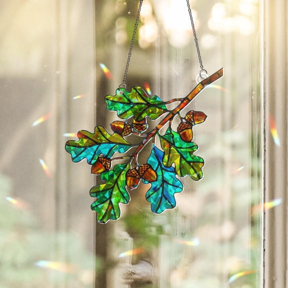Holographic Oak Branch Acorn Acrylic Suncatcher Window Hanging Home Decor Autumn