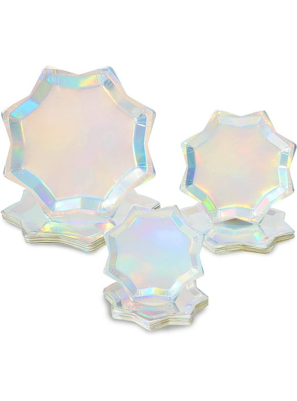 Holographic Octagon Shaped Party Plates, Iridescent Plates in 3 Sizes (72 Pack)