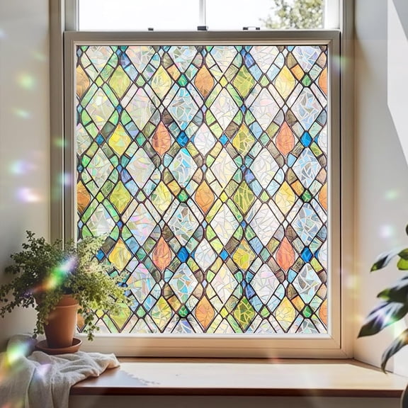 Holographic PVC Window Privacy Film 17.7 x 78.7 Inch, 3D Rainbow Static Cling Decorative Window Film, Removable Laser Sun Blocking Vinyl Covering for Bathroom Home Office (Q)