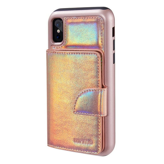 Holographic Perfect Fit Case for Apple iPhone X / iPhone 10 Premium Vegan Leather Wallet Case with Card Slots and Magnetic Cover