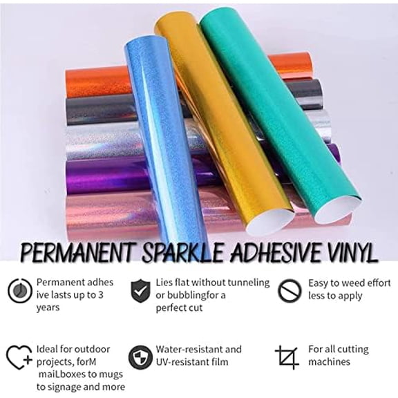 Holographic Permanent Vinyl Bundle - 8 Pack Permanent Sparkle Holographic Vinyl Sheets, 12” x 12” Permanent Adhesive Bundle for Craft DIY, Birthday Party, Christmas Decoration