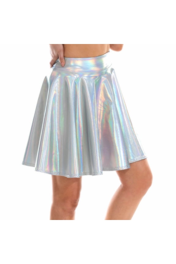 Holographic Pleated Skirts Women Leather Micro Mini Short JK Skirts A-Line Skater Skirt
