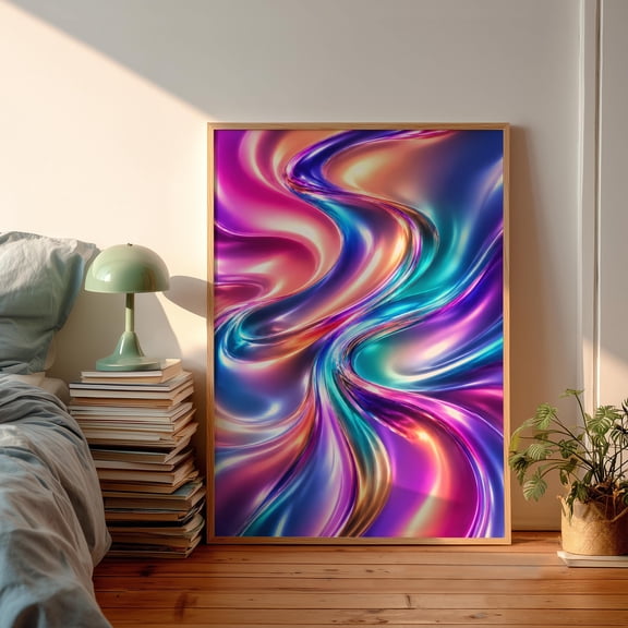 Holographic Poster Liquid Chrome Poster 3D Rainbow Fluid Art , Poster Print Only