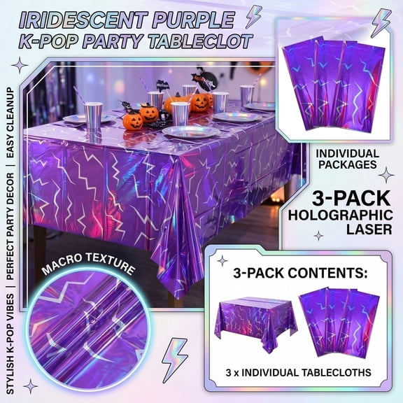 Holographic Purple Disposable Tablecloths 3 Pack, 54x108 Inch Rectangular Plastic PET Table Covers for Halloween, Birthday Parties, Banquet Tables – Shiny Laser Finish, Spill-Resistant & Easy Cleanup