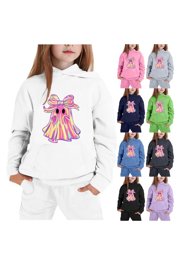 Holographic Rainbow Big Bow Single Ghost Kids Halloween 2 Piece Tracksuit, Polyester Stretch Hoodie Jogger Outfit for Toddler Girls Holiday Costume(Blue120)