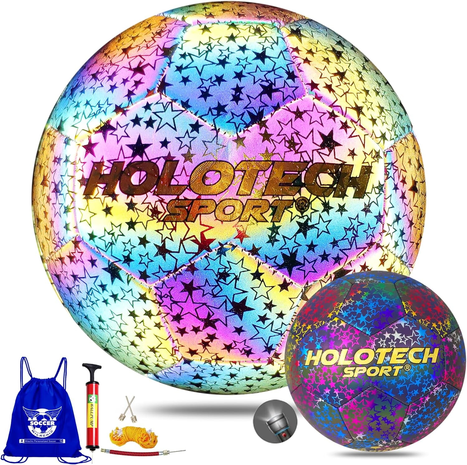 Holographic Reflective Soccer Ball, PU Leather Glow Soccer Ball - Light Up in Camera Flash for Night Games,Training and Gifts to Women and Men (Teenage Size 4 and Official Size 5) with Pump