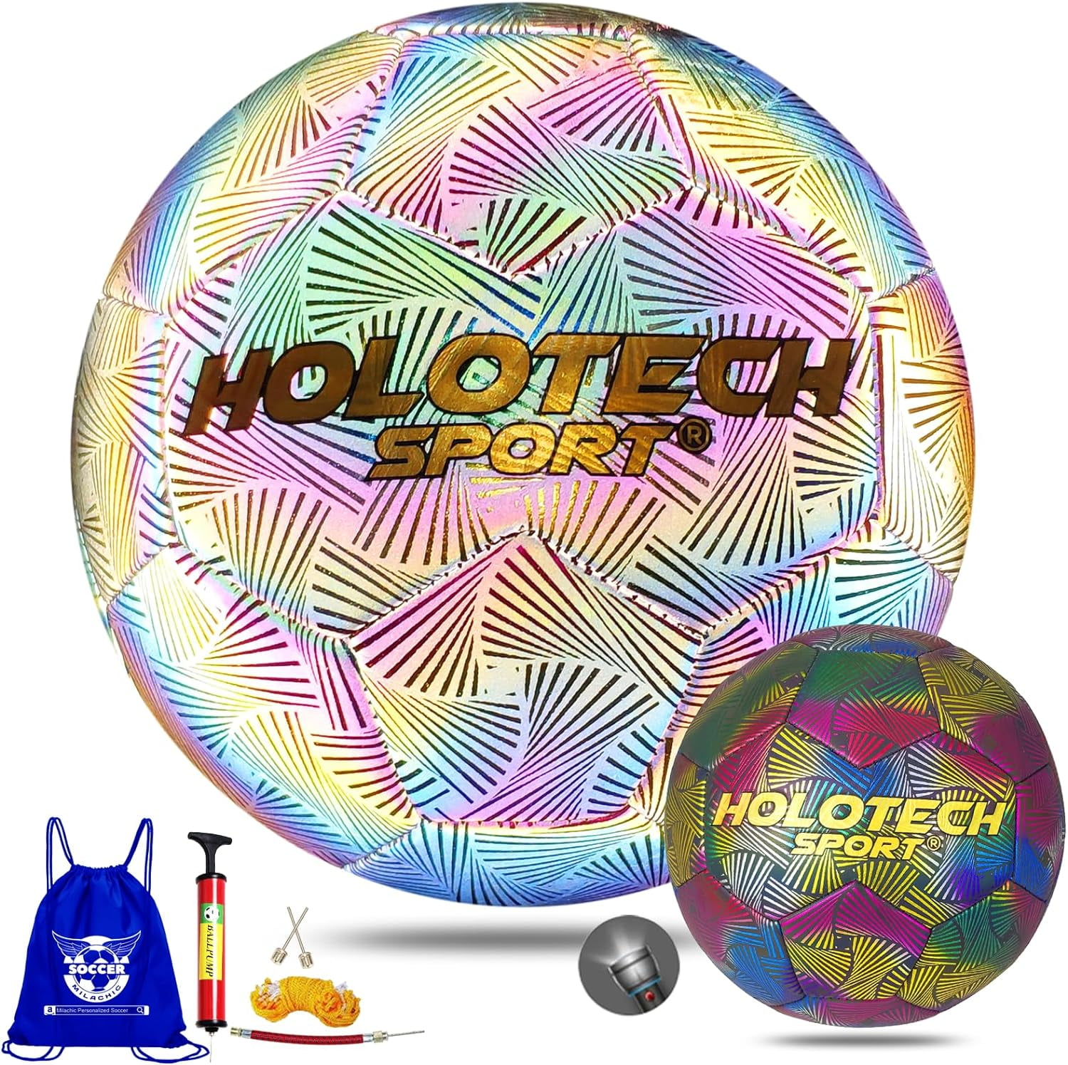 Holographic Reflective Soccer Ball, PU Leather Glow Soccer Ball - Light Up in Camera Flash for Night Games,Training and Gifts to Women and Men (Teenage Size 4 and Official Size 5) with Pump