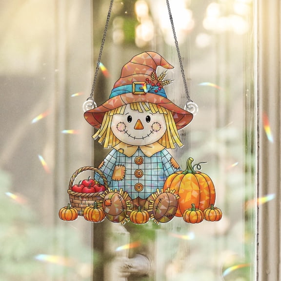 Holographic Scarecrow Window Hanging Fall Pumpkin Sun Catcher, Autumn Harvest Farmhouse Decor, Cute Scarecrow Window Art