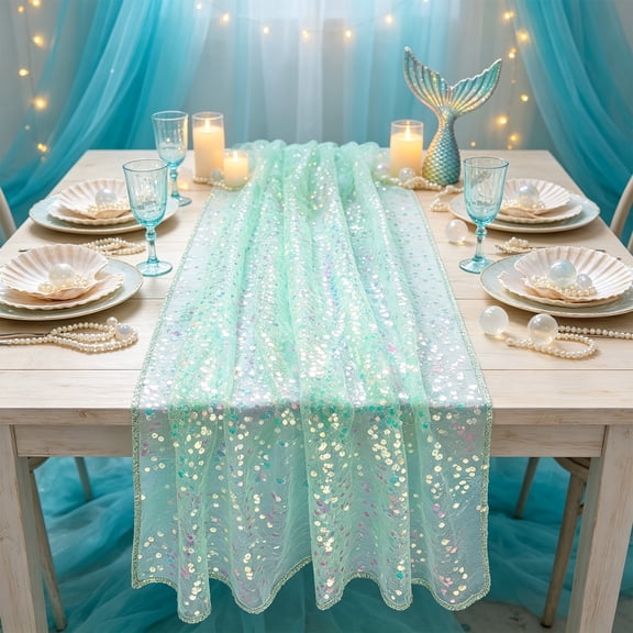 Holographic Sequin Table Runner, 72x12.9in Sheer Glitter Mesh Table Decor with Sparkly Sequins for Wedding Birthday Bridal Shower Party (Mint Green)