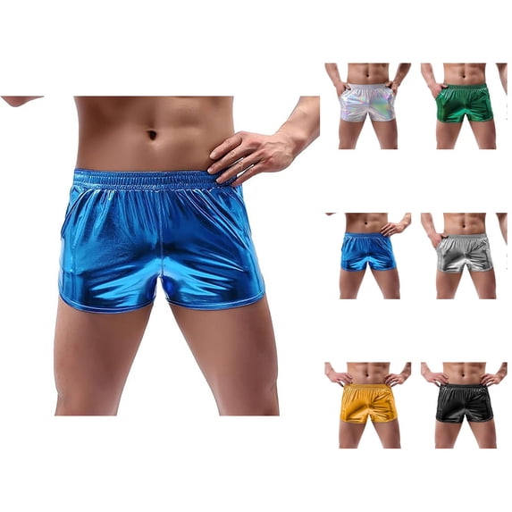 Holographic Shiny Metallic Shorts for Men Summer Casual Elastic Waist Leather Booty Shorts with Pockets