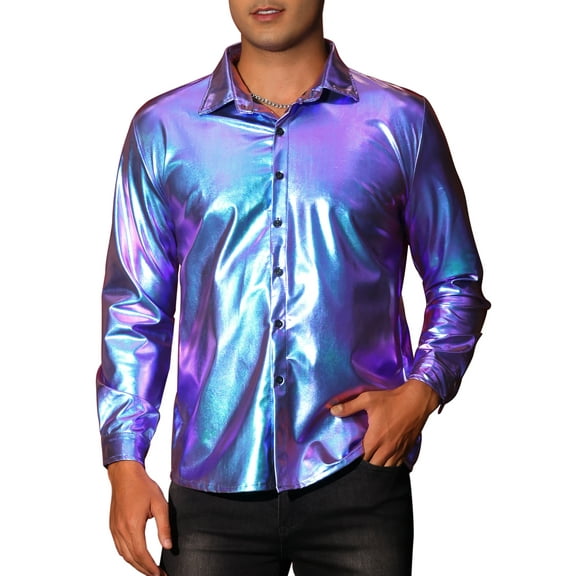 INSPIRE CHIC Holographic Shirts for Men's Metallic Long Sleeve Top Button Down Disco Shiny Shirt 2XL Blue