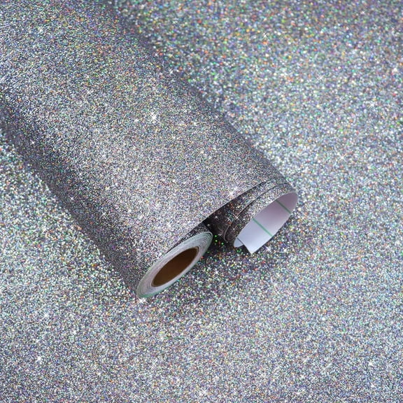 Holographic Silver Glitter Wallpaper Peel and Stick Glitter Silver Contact Paper for Cabinets Drawers Shelf Liner 15.7"x118" Self Adhesive Sparkle Wall Paper Removable Glittery Fabric Roll