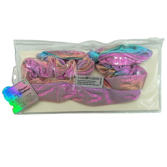 Holographic Skincare Headband with Bow, Keeps Hair Out of Face During Skincare, Makeup, Soft Stretchy Fabric, Comfortable Fit, Stylish Holographic Design, Glamorous, Silver, Pink