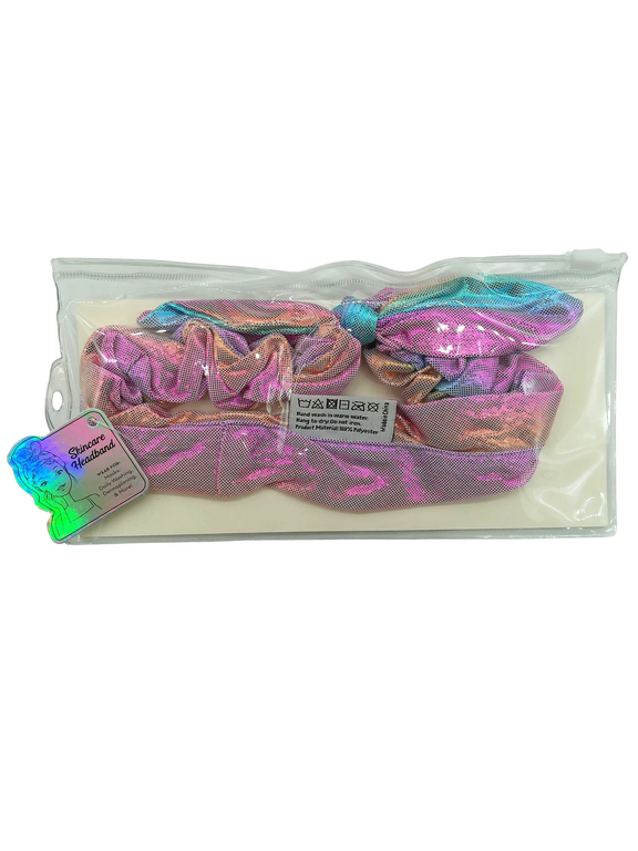 Holographic Skincare Headband with Bow, Keeps Hair Out of Face During Skincare, Makeup, Soft Stretchy Fabric, Comfortable Fit, Stylish Holographic Design, Glamorous, Silver, Pink