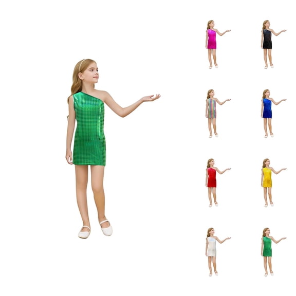 Holographic Square Sequin Dress – Sleeveless Slant Shoulder Mini Gown, Geometric Sparkle Outfit Ages 3-16, Trendy Contrast to Pink Dress for Girls Basics