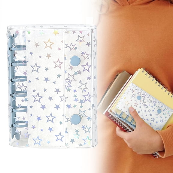 Holographic Star Clear A7 Binder Notebook Cover, 6 Ring Refillable Loose Leaf Mini Planner Cover, Glitter Transparent PVC Binder with Snap Closure for Cash Envelope Budgeting Scrapbooking